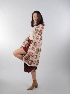 Crochet Square Cardigan, Women Boho Coat, Fall Cream Patchwork Hippie Jacket, Afghan Handmade Knit Sweater, Spring Oversized Chuncky Cardigan, Cotton Knit Kimono, Gift for Her, Mom, Cozy Clothing, Open Front Gift for Her and Mom 🧥It is my pleasure to be offering this awesome fashion multicolor crochet jacket. This coat is perfect for four seasons, ANYWHERE, ANYTIME. The cardigan looks very nice with dress, with jeans and with any other clothing. You can use at home, at work, and outside as you wish for many years. MEASUREMENTS The measurement table is at the end of the photos. If you have any questions about what size to choose please contact me!  👒 SHIPPING AND PROCESSING TIME  Every piece will be carefully crocheted just for you with close attention to detail. 📅 It is completely hand- Casual Crochet Outerwear For Fall, Casual Granny Square Cardigan For Winter, Casual Granny Square Outerwear For Fall, Cream Crochet Outerwear For Winter, Cream Crochet Cardigan For Fall, Cozy Winter Cardigan With Granny Squares, Winter Cardigan With Granny Square Long Sleeves, Casual Long Crochet Outerwear, Cozy Long Sleeve Granny Square Cardigan