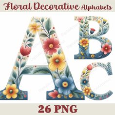 floral decorative alphabets with flowers and leaves in the letters a, b, c