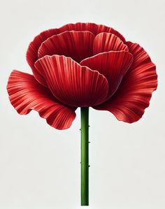 a large red flower with green stems in front of a white background and the bottom part of it's petals