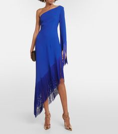 Aventador Fringed One Shoulder Midi Dress in Blue - Taller Marmo | Mytheresa Fringe Outfits, Taller Marmo, Fringe Clothing, One Shoulder Midi Dress, Fine Living, Dance Dress, Blue Midi Dress, Dance Dresses, Midi Length