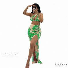 Lasaky - Floral Patterned Midi Skirt Green Two-piece Bottoms For Summer, High Split Skirt, Patterned Midi Skirt, Crop Skirt, Midi Skirt Pattern, Split Skirt, Floral Midi Skirt, Green Skirt, Polyester Top