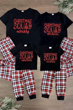 Christmas Squad Family Pajamas - AND PET BANDANA! - Sparkle in Pink Matching Xmas Pjs Families, Christmas Pajama Shirts Vinyl Family, Diy Matching Christmas Pajamas, Christmas Family Matching Shirts, Christmas Family Matching Pajamas, Family Xmas Pajamas, Cricut Christmas Pajamas Family, Casual Short Sleeve Sets For Holiday, Casual Black Christmas Sleepwear