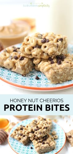 honey nut cheerios protein bites are stacked on plates with the words, honey nut cheerios