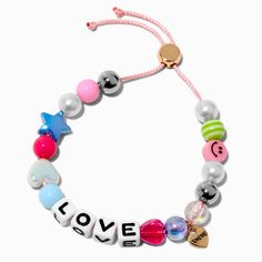 T H E M E x Claire's ''Love'' Adjustable Bracelet Casual Pink Name Bracelet For Birthday, Trendy Name Bracelet With Letter Beads For Valentine's Day, Trendy Valentine's Day Name Bracelet With Letter Beads, Trendy Letter Beads Name Bracelet For Valentine's Day, Trendy Personalized Adjustable Heart Bracelet, Trendy Personalized Pink Heart Bracelet, Pink Casual Bracelets For Mother's Day, Casual Pink Bracelets For Mother's Day, Trendy Adjustable Heart Bracelet For Mother's Day