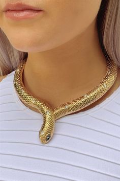 - Statement Choker Necklace- Snake- Gold- Crystal Accents- Hinge Closure- D: 5" Gold Necklace 16 Inch For Party, Party Gold Plated Snake Chain Necklace, Party Gold Plated Necklace With Snake Chain, Party Gold-plated Snake Chain Necklace, Gold Snake-shaped Jewelry For Party, Gold Choker With Jewels, Gold Snake-shaped Party Jewelry, Snake Chain Metal Jewelry For Parties, Gold Snake-shape Chain Jewelry