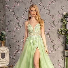 An Elegant Dress That Is Perfect For Your Next Formal Event Is Made Of Lightweight Mesh Fabric Decorated With Floral Appliques And A Small Number Of Rhinestones That Will Create A Unique Image. Fabric: Mesh Length: Long Color: Light Green Neckline: Illusion Sweetheart Silhouette: A-Line Sleeve: Sleeveless, Straps Back: V-Neck Skirt: Side Slit Embellishments: Floral Applique Occasion: Romantic Date/Evening/Dinner, Wedding/Bridesmaid, Graduation, Fashion Show, Visiting Theater/Museum/Restaurant, B Museum Restaurant, Floral Beaded Dress, Graduation Fashion, Lace Up Back Dress, Floral Dress Formal, Formal Ball Gown, Evening Dinner, Boat Neck Dress, Glamorous Dresses