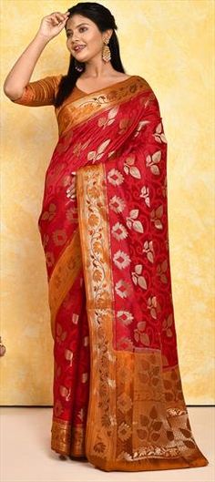 Red and Maroon color Saree in Silk fabric with Weaving, Zari work Red Brocade Dupatta With Cutdana, Red Brocade Dupatta With Resham Embroidery, Red Brocade Traditional Wear With Dupatta, Red Brocade Dupatta With Zari Work, Red Brocade Traditional Wear With Zari Work, Red Katan Silk Saree For Wedding, Red Lehenga With Dupatta In Tussar Silk, Red Dola Silk Lehenga With Motifs, Red Brocade Saree With Zari Weaving