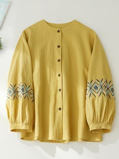 Women's Cotton Linen Shirt Tribal Embroidery Floral Linen Blouse Ladies Printed Shirt Design, Stylish T Shirts For Women, Cotton Top Designs For Women, Embroidery Designs For Tops, Short Shirt Design, Stylish Long Tops For Women, Linen Tops Women Casual, Embroidery Shirts For Women, Embroidery Tops For Women