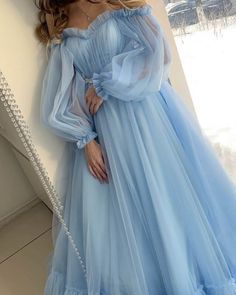 Tulle Dress With Sleeves, Blue Tulle Prom Dress, Summer Prom Dress, Prom Dress Stores, Long Sleeve Prom, A Line Prom Dresses, Summer Wedding Dress, Dresses Elegant, Prom Dresses With Sleeves