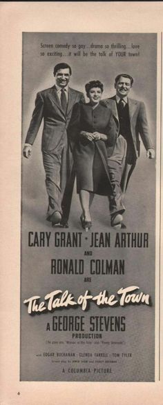 an old movie poster for the tale of the town starring actors cary grant, jean athirr and ronald colman