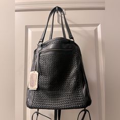 Brand New - Very Well Made Italian Leather Woven Convertible Backpack Purse. Perfect For Travel As It Has Adjustable Straps And Can Convert Into Backpack, Shoulder Bag, Or Cross Body. It’s A Three In One Bag. Real Italian Leather And Will Prove To Only Get Better With Use. Approximately 12.5” X 5.5” X 14” Leather Backpack With Detachable Strap For Errands, Leather Shopping Backpack With Adjustable Strap, Leather Handles Satchel Backpack For Shopping, Leather Backpack With Adjustable Strap For Shopping, Leather Backpack For Shopping With Adjustable Strap, Black Leather Backpack With Detachable Handle For On-the-go, Shopping Leather Backpack With Adjustable Strap, Leather Backpack With Double Handles For Shopping, Leather Shoulder Backpack With Adjustable Strap For Shopping