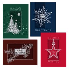 four greeting cards with christmas trees and snowflakes