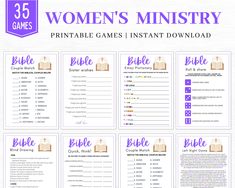 the printable bible game for women's ministry is shown in purple and white