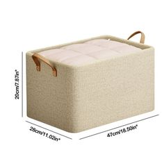 the fabric storage box is shown with measurements for each section and features a wooden handle