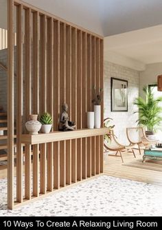 a living room filled with lots of furniture and plants on top of a wooden shelf