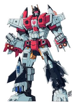 a drawing of a robot that is standing in front of a white background with red and gray colors