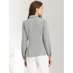 Feel confident flaunting your classic, yet edgy style in this classic peter-pan-collar office shirt. It features the front buttons, long puff sleeves, a Peter Pan collar, and the princess line. his button-up shirt is a polished piece for the weekend and workdays alike. This classic shirt is a regular fit, and that's how this one perfects the beloved staple. It is stylish and is a perfect choice for an office outfit. Classic Blouse With Lapel Collar And Buttons, Elegant Office Wear Blouse With Placket, Elegant Single-breasted Business Shirt, Elegant Single Breasted Business Shirt, Elegant Single-breasted Shirt For Business, Formal Blouse With Lapel Collar And Placket, Fitted Blouse With Button Cuffs For Work, Workwear Blouse With Hidden Buttons And Spread Collar, Elegant Business Blouse With Placket