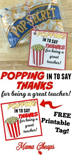 a bag of popcorn with the words popping in to say for being a great teacher