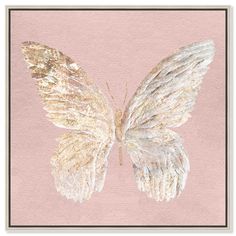 a white butterfly with gold wings on a pink background