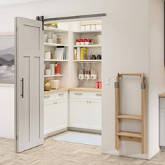 an open pantry door in a kitchen with white cabinets and wood flooring on the walls