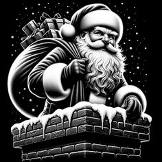 a black and white drawing of santa on top of a brick wall