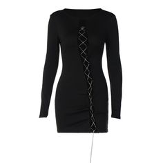 Turn heads in this daring black bodycon dress with a gorgeous lace-up front. Its slim silhouette and long sleeves create a luxurious look that will make you feel glamorous and confident. Perfect for any formal or evening occasion, this dress is the ultimate wardrobe must-have. Fit Type: Slim Fit Fabric: High Stretch Material: Polyester, Spandex Long Sleeve Corset Dress For Night Out, Chic Long Sleeve Corset Dress For Night Out, Gothic Mini Dress For Winter Night Out, Gothic Mini Dress For Night Out In Winter, Gothic Long Sleeve Corset Dress, Gothic Long Sleeve Dress For Night Out, Gothic Long Sleeve Mini Dress For Evening, Gothic Bodycon Dress For Night Out, Long Sleeve Corset Dress For Winter Party