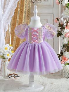 Baby Girl Puff Sleeve Mesh Party Princess Dress Purple Elegant  Short Sleeve Fabric Plants Fit and Flare Non-Stretch  Baby Girls Clothing, size features are:Bust: ,Length: ,Sleeve Length: Dress Purple Short, Baby Girl Princess Dresses, Cute Princess, Bubble Dress, Girl Princess Dress, Floral Embroidered Dress, Purple Shorts, Dress Purple