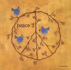 two blue birds sitting on branches with the word peace written in it's center