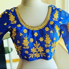 Royal Blue Color Embroidered Blouse With 3/4th Sleeves. New Without Tag. Sizes 38 With Margin. Gold Color Thread And Sequin Work. Dm For Details. Embroidered Blue Blouse Piece For Party, Blue Blouse Piece With Floral Embroidery For Party, Blue Party Blouse With Floral Embroidery, Blue Floral Embroidery Blouse Piece For Party, Blue Floral Embroidery Blouse For Party, Blue Blouse With Intricate Embroidery For Party, Fitted Blue Blouse Piece With Intricate Embroidery, Blue Long Sleeve Blouse For Wedding, Festive Blue Blouse With Intricate Embroidery