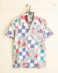 Rose Checkerboard Short Sleeve Shirt Patterned Cotton Camp Shirt With Vintage Print, Cotton Camp Shirt With Vintage Print Pattern, Vintage Patterned Cotton Camp Shirt, Cotton Camp Shirt With Vintage Print, Retro Cotton Patchwork Tops, Retro Patchwork Cotton Tops, Vintage Short Sleeve Tops With Patchwork, Vintage Short Sleeve Patchwork Tops, Vintage Patterned Cotton Shirt