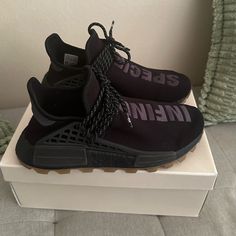 Adidas Pw X Nmd Human Races | Size: Men’s 7 | Black | Pharrell Williams | Infinite Spieces - Clean, Excellent Used Condition - Extra Set Of Original Laces, Never Used - Box Included - No Scuffs & No Extreme Signs Of Wear Black Sneakers With Contrast Sole For Outdoor, Black Outdoor Sneakers With Contrast Sole, Black High-top Custom Sneakers With Rubber Waffle Outsoles, Black High-top Custom Sneakers With Waffle Outsoles, Black Custom Sneakers With Vibram Sole For Sports, Black High-top Running Shoes With Contrast Sole, Urban Black Running Shoes With Contrast Sole, Black Custom Sneakers With Rubber Sole For Outdoor, Black Custom Sneakers With Vibram Sole