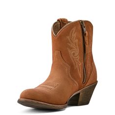 Make any outfit instantly cooler with this fashion-forward suede bootie. With a side zip for ease and a low heel for just a little height, it adds Western flair to everything you pair it with (cutoffs, jeans, dresses, you name it). Harlan Western Boot | Product Features : 0 : 4LR™ technology provides lightweight support and stability, 1 : Removable All Day Cushioning insole, 2 : Duratread™ sole provides maximum wear resistance, 3 : Three-row stitch pattern, 4 : Ariat is including you in its dedi Western Style Suede Boots With Low Heel, Western Style Low Heel Suede Boots, Suede Boots With Zipper Closure Medium Width, Medium Width Suede Boots With Zipper Closure, Suede Boots With Zipper Closure, Western Boots With Zipper Closure, Western Fitted Boots With Zipper Closure, Fitted Western Boots With Zipper Closure, Fall Suede Moto Boots With Snip Toe