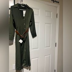 Long Dress, Button Up With Belt Green Long Sleeve Midi Dress With Button Closure, Khaki Midi-length Dress For Fall, Green Button-up Maxi Dress For Fall, Belted Button-up Dress For Date Night, Khaki Midi Length Dress For Fall, Fall Maxi Dress With Buttons For Dress Down Occasions, Fall Maxi Dress With Buttons, Fall Maxi Dress With Buttons For Casual Wear, Khaki Long Sleeve Dress For Day Out