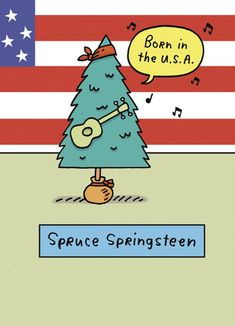 a cartoon christmas tree with a guitar in front of an american flag