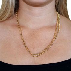 Audrey is a half double curb chain, half oval link necklace. This statement piece adds a simple elegance to everyday outfits and looks great layered with shorter necklaces. So effortlessly stylish that you'll want to wear our Audrey necklace every day! Product Features: Material: 18K gold plated alloy Length: Chain measures 19" and can be adjusted an extra 2.5" for 21.5" total length Lobster claw clasp Trendy Gold-plated Double Chain Necklace, Trendy Gold Plated Double Chain Necklace, Trendy Gold Chain Oval Link Necklace, Gold Oval Link Double Chain Necklace, Chic Gold-plated Double Chain Necklace, Gold Double Chain Necklace With Oval Links, Chic Gold Plated Double Chain Necklace, Chic Gold Layered Necklace With Chunky Chain, Chic Gold Chain Necklace For Layering