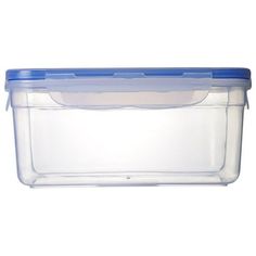 a plastic container with blue lid on a white background, it is empty and ready to be used for storage