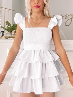 Cute Mini Dress With Ruffled Straps, Cute Mini Dress With Ruffled Straps And Ruffles, Cute Sleeveless Tiered Ruffle Dress, Cute Sleeveless Tiered Dress With Ruffles, White Dress With Ruched Details And Ruffled Straps, White Ruched Dress With Ruffled Straps, White Dress With Ruched And Ruffled Straps, White Tiered Dress With Layered Hem, Cute Tiered Ruffle Mini Dress