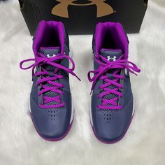 New With Box Under Armour Ggs Jet Charcoal Grey And Purple Contrast Shoes In Size 6y (Equivalent To A Women's 7.5). These Are Brand New And Has Been Sitting In The Box On A Shoe Shelf Because My One Of My Daughters Had Decided To Not Play Basketball. In Perfect Condition. Feel Free To Ask Any Questions That You May Have. Thank You For Stopping In And Taking The Time To Look Around In My Closet. Have A Wonderful Day. Purple Round Toe Basketball Shoes For Sports, Purple Round Toe Basketball Shoes, Purple Synthetic Basketball Shoes, Purple High-top Synthetic Basketball Shoes, Purple Non-slip Synthetic Sneakers, Purple Lace-up Synthetic Basketball Shoes, Purple Basketball Shoes With Cushioned Footbed, Purple Cushioned Basketball Shoes, Purple Contrast