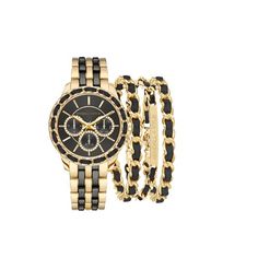 Ever wanted to know what it was like to be a Kardashian? Now is your chance! Luxury and elegance become one in this Kendall + Kylie Lds Black Dial Gold-Black Watch with Double Bracelet. With it's chic and modern adaption of a timeless staple in watch design, it features an extravegant Gold-Black bezel to surely help turn some heads and bring to life any outfit or style. The black dial and gold-black band perfectly match the shine of the crystal, truly making you feel like you are on top of the w Trendy Black Watch As A Gift, Trendy Black Watch For A Gift, Trendy Black Watch For Gift, Trendy Black Watch For Everyday Use, Trendy Black Watch For Everyday, Black Metal Watch As A Gift, Trendy Black Everyday Watch, Watches Women Black, Double Bracelet