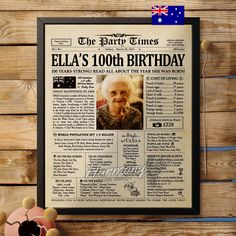 an old newspaper with the words ella's 100th birthday on it