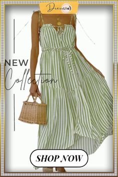 Striped Backless Lace-up Vacation Maxi Dress Chic Strappy Summer Dresses, Chic Spring Strappy Maxi Dress, Chic Strappy Spring Dresses, Chic Strappy Midi Dress For Spring, Casual Strappy Beach Dresses, Green Strappy Summer Dresses, Spring Strappy Midi Dress, Chic Strappy Midi Dress For Beach, Spring Day Out Strappy Dresses