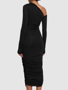 Asymmetric neckline. Non-detachable gloved sleeves. Thumbhole cuffs. Draped panels. Model is wearing a size38 Versace Brand, Asymmetric Neckline, Ski Accessories, Flat Espadrilles, Swim Accessories, Shearling Jacket, Heeled Loafers, Black Midi Dress, Ski Wear