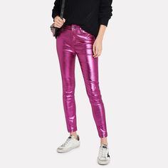 Rta Metallic Leather Magenta Pants Chic Pink Leather Pants For Party, Chic Pink Leather Pants For Spring, Modern Metallic Bottoms For Party, Modern Metallic Party Bottoms, Chic Metallic Leather Pants For Spring, Chic Metallic Jeans For Party, Metallic High Rise Party Bottoms, Magenta Pants, Metallic Bodysuit