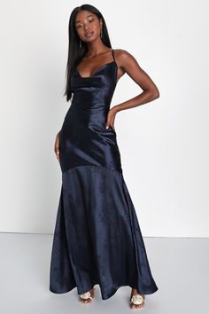 Sweet Endeavors Navy Blue Satin Jacquard Cowl Neck Maxi Dress Navy Blue Satin Dress, Liquid Dress, Maxi Dress Satin, Floral Satin Dress, Cowl Neck Maxi Dress, Navy Blue Bridesmaids, Dress Satin Bridesmaid, Blue Satin Dress, Classy Prom