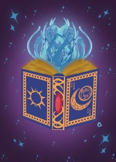 an open book with stars and the moon on it in front of a purple background