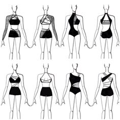 six different types of swimsuits on mannequins, all in black and white