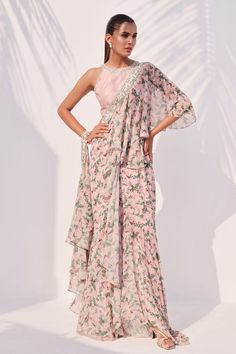 Mosina – Sania Maskatiya International Pink Georgette Pre-draped Saree With Floral Print, Pink Floral Pre-draped Saree In Georgette, Pink Floral Print Pre-draped Georgette Saree, Pink Floral Pre-draped Georgette Saree, Floral Print Georgette Sharara For Reception, Georgette Floral Print Sharara For Reception, Pink Sharara With Printed Motifs And Traditional Drape, Silk Pre-draped Saree In Pink With Floral Print, Pink Silk Pre-draped Saree With Floral Print