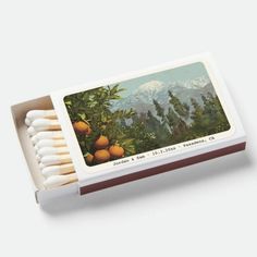 a matchbox filled with matches sitting on top of a white table next to trees