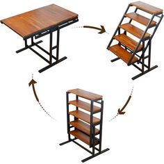 three different tables with shelves on each side and arrows pointing to the same table top