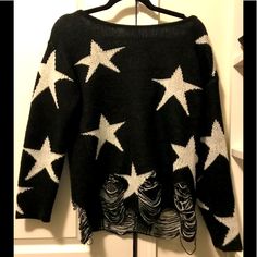 Never Worn Distressed Bottom Black With White Stars Could Wear Off Shoulder Boutique Purchased Star Sweater, White Stars, Shoulder Sweater, Sweater Sizes, Off The Shoulder, Off Shoulder, Sweaters For Women, Womens Sizes, Black White